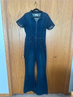 We The Free Dark Blue Denim Short-Sleeve Jumpsuit